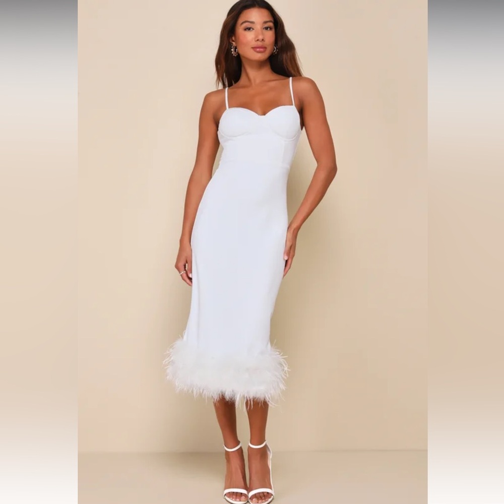 NWT Lulu's Passion for Glamour White Sleeveless Bustier Feather Midi Dress